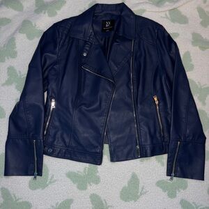 New York & Company Navy Faux Leather Asymmetrical Zip Jacket